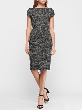 Express Black Tweed Midi Sheath Dress Belt Detail Size Small Black All-Season